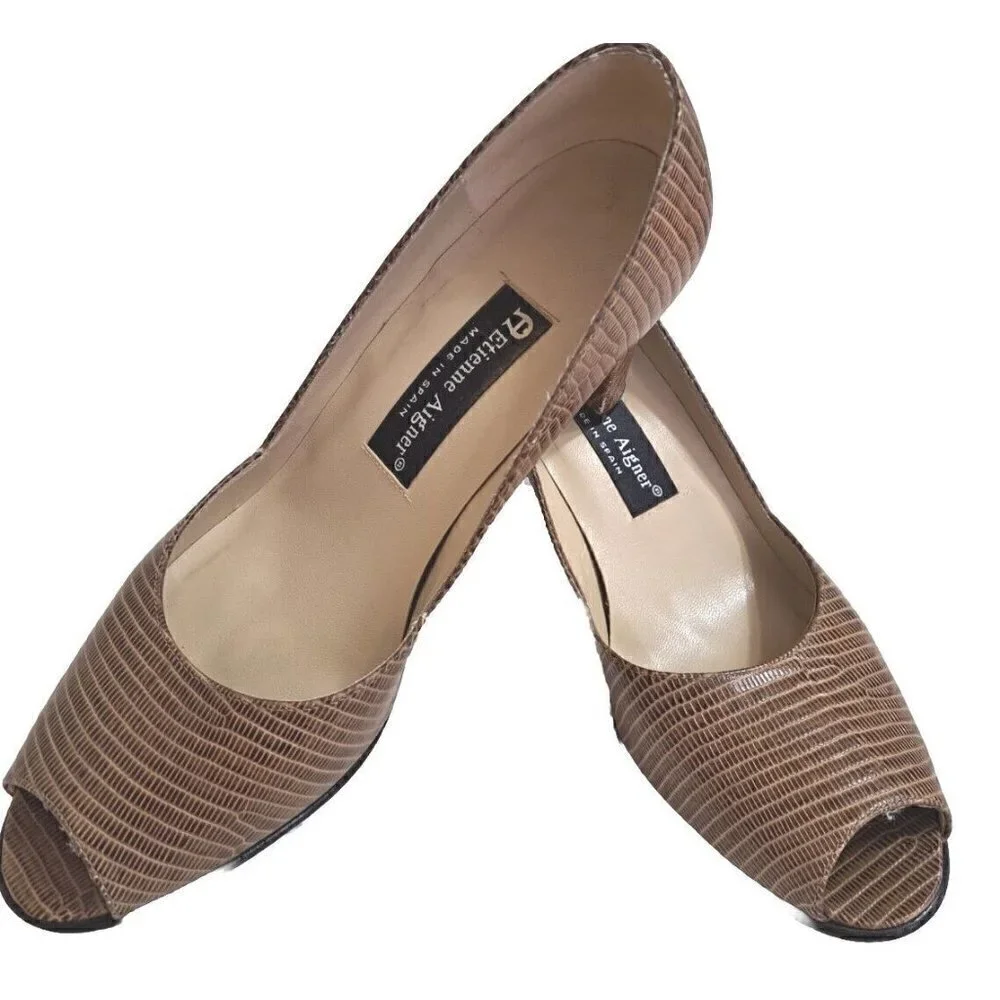 Etienne Aigner Women's 8M Brown Peep-Toe Snakeskin Leather Pumps  3